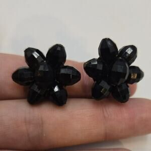 Vintage West Germany Black Acrylic Beaded Clip On Earrings Floral Flower